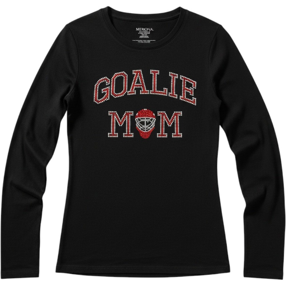 Merona Long Sleeve Top Women XS Black Rhinestone Goalie Mom Hockey Graphic Tee